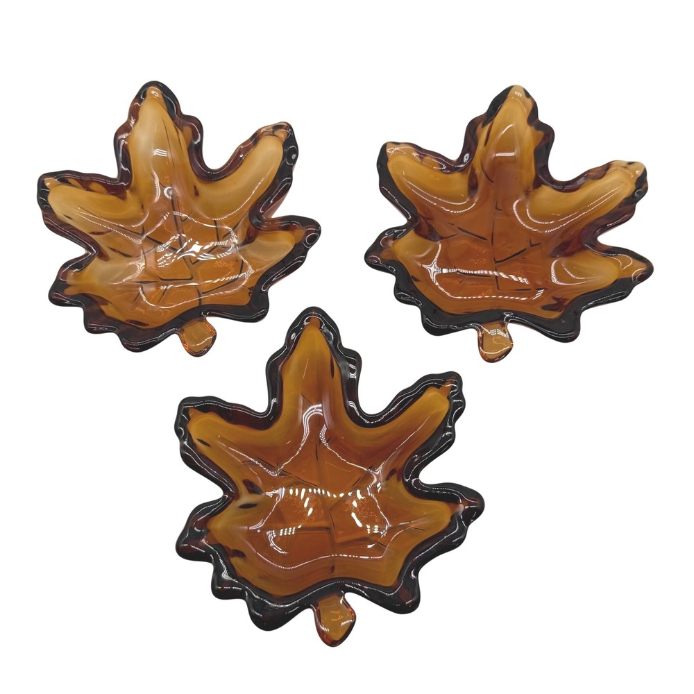 Vintage Amber Glass Maple Leaf Trinket Dish‎ Set of 3 Autumn Fall Decor Brown
